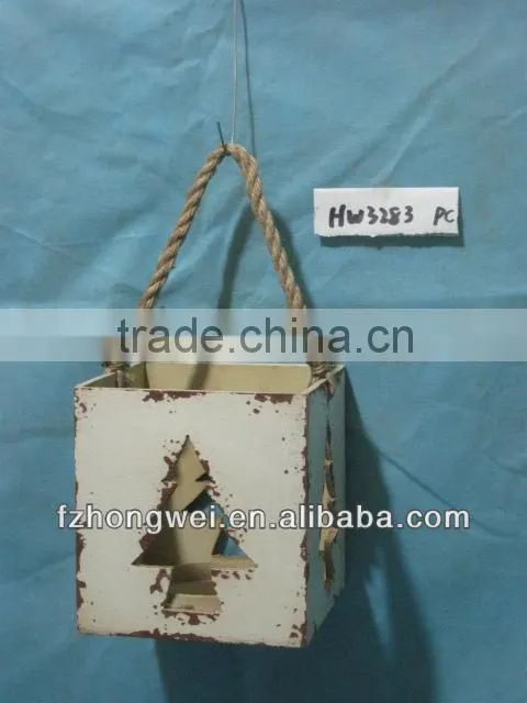 Hongwei Handmade Antique White Wooden Hanging Lantern/Candle Lantern with Hemp Rope Handle for Home&Garden Decor,Durable