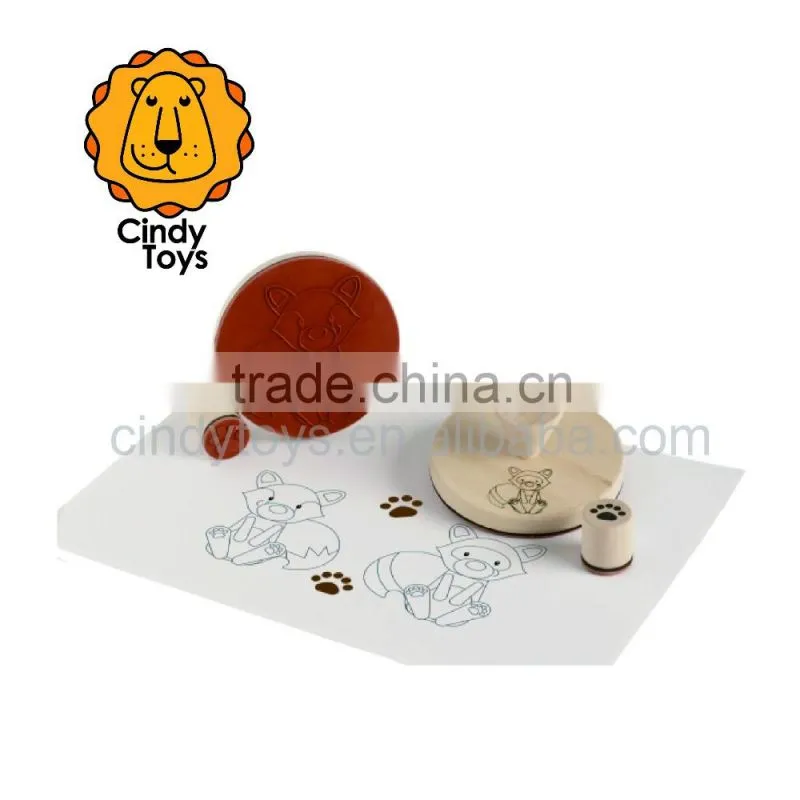 Wooden Rubber Stamps Fox and Raccoon with Tracks 4 pcs for Kids