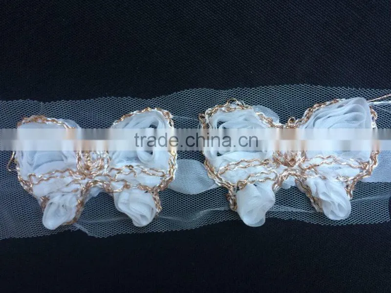shabby chiffon 3X2.5" butterfly w/ sequin & gold trim fabric rose spring craft supplies baby headband flower hair bow applique