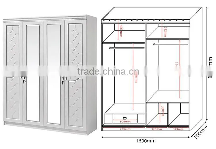 Bedroom furniture mirrored almirah 4 doors modern wooden easy assembled wardrobe