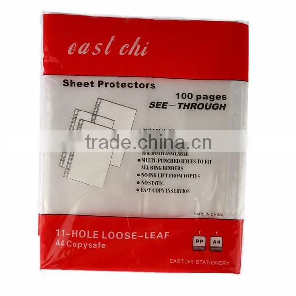 2015 China Supplier Wholesale Clear A4 Sheet Protector, PP Sheet Protector, 11Hole Sheet Protector