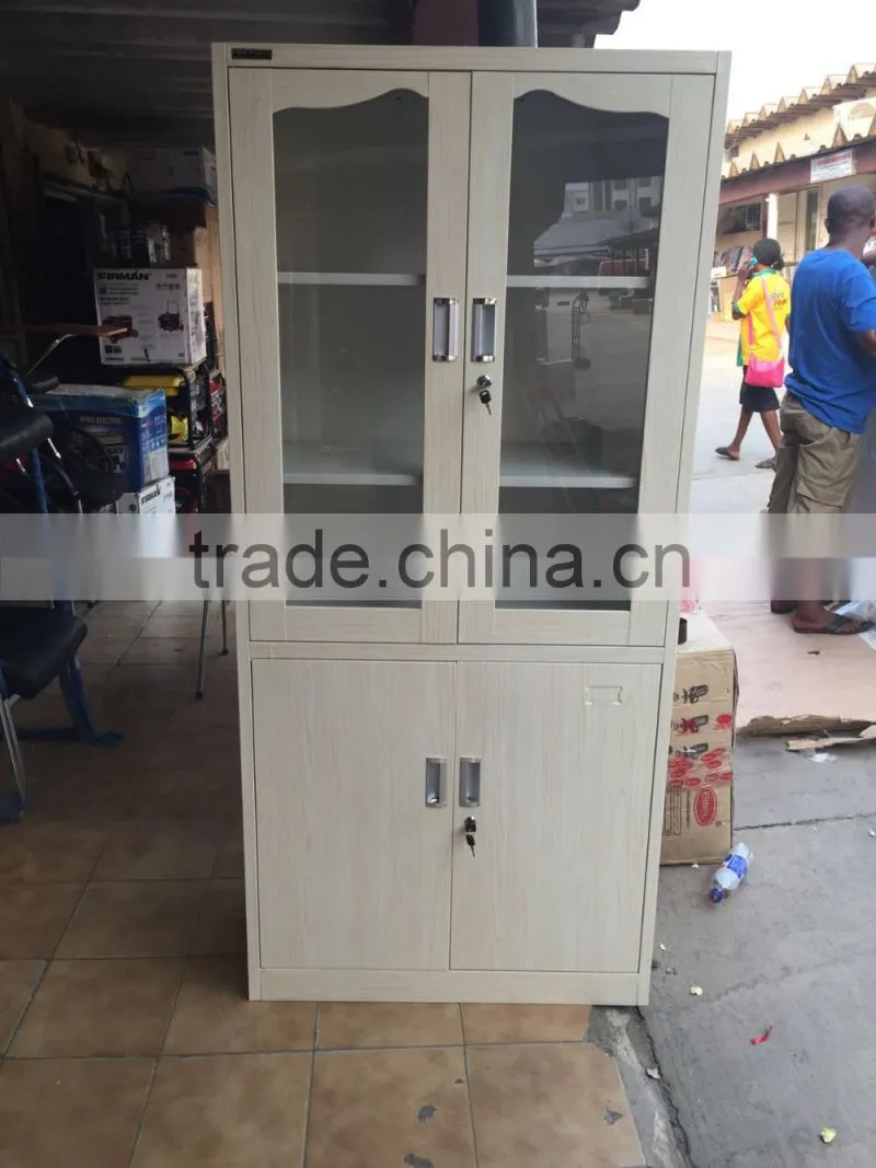 steel book cabinet with glass doors and wood surface display cupboard