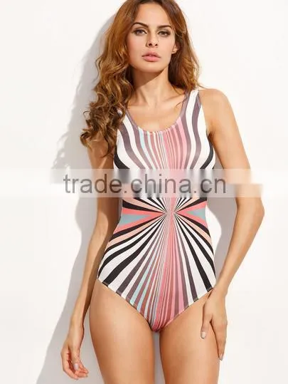 SheIn Women Trendy Fashion Clothing Multicolor Stripe Print Sleeveless Bodysuits