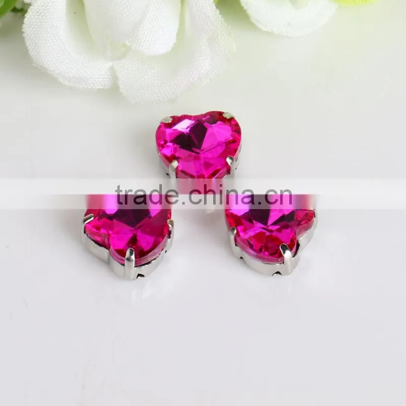 Best selling 14mm blue zircon color heart shape pointback sew on stone with base setting