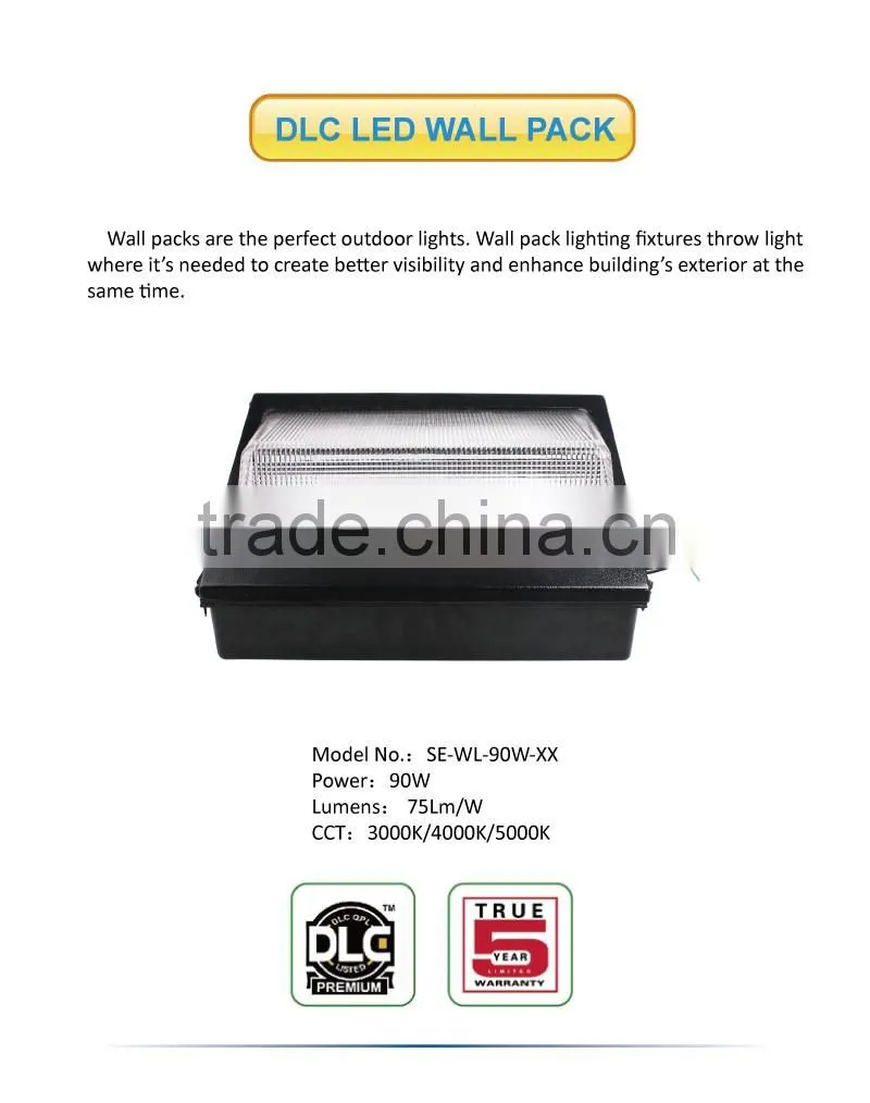 2016 DLC certificate outdoor 90W led wall pack light for warehouse canopy