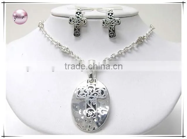 Textured metal cross engraved oval pendant chain necklace earring set