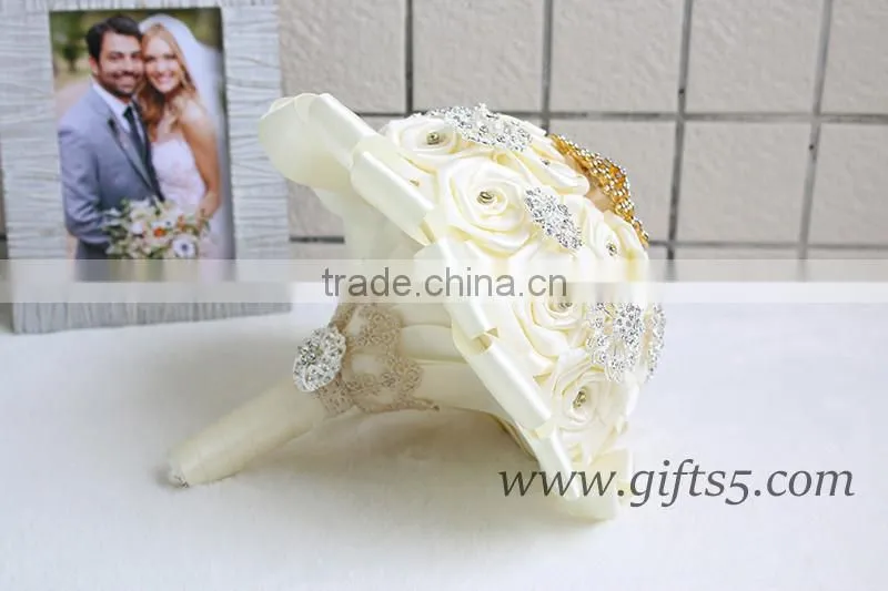 Gold Wedding Bouquet Handmade Flowers Wedding Flowers with Rhinestones