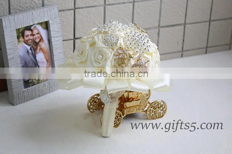 Luxurious White Silk Flowers Wedding Bouquets with beads, rhinestones, brooches