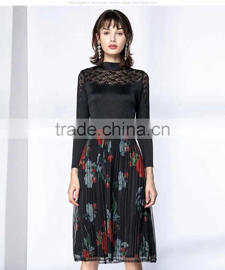 Pleat large sized spring lace splicing printed dress for women