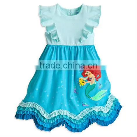 new design frozen dress ruffled sleeve turquoise mermaid applique cartoon dress for toddler little girls