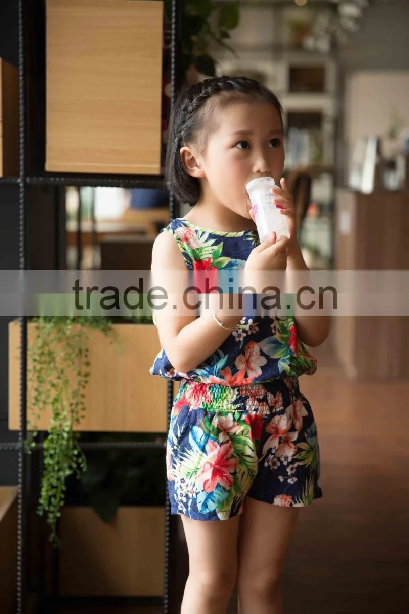 fashion girl sleeveless blouse and panty set 100% viscose blouse set for baby girl printed flower dress vacation cloth set
