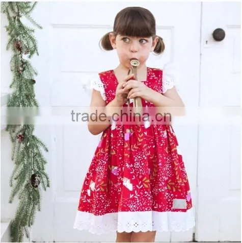 Wholesale Kids Christmas Chevron Clothing Girls Christmas Eyelet Lace Red Dress