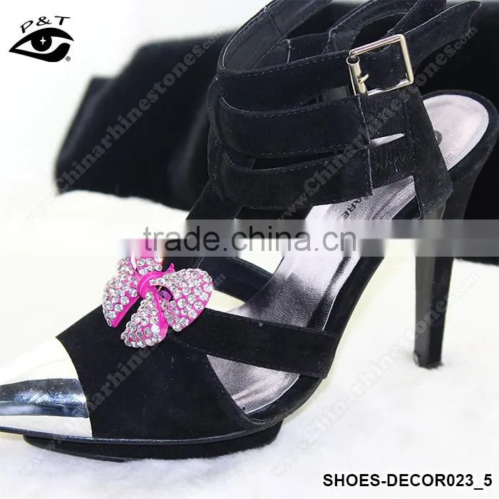 Shoe accessories pink bow tie shape rhinestone shoe ornament handmade rhinestone clips for lady shoes