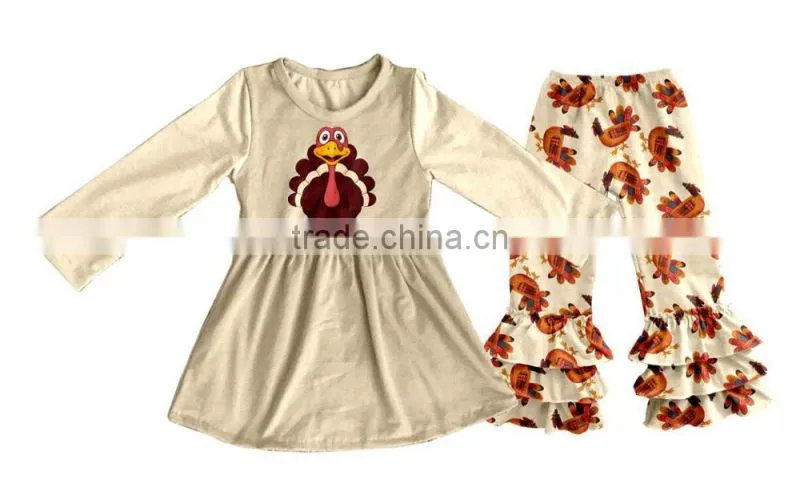 2017 kids halloween clothing designer 100%cotton pumpkin appliqued outfit chevron ruffle pant sets