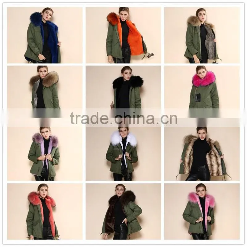 New style orange stripe faux fur lined with raccoon fur collar fur coat for woman