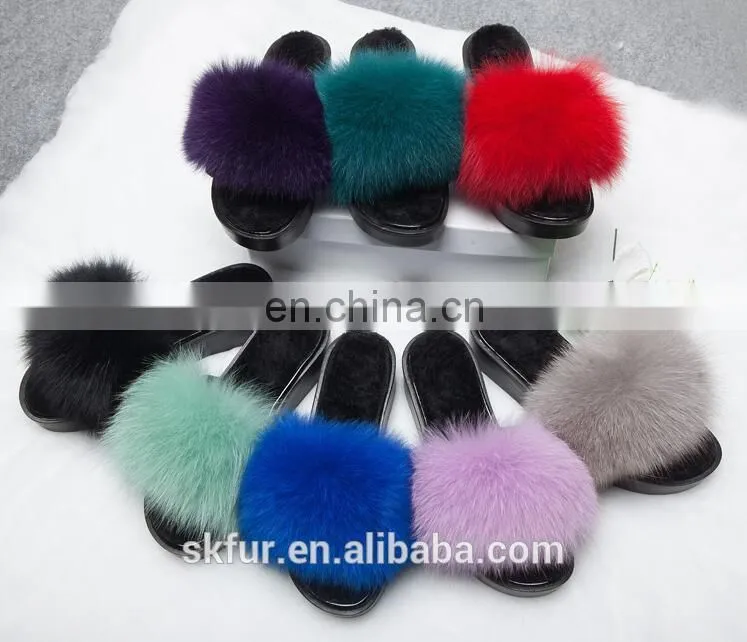 Women's customized size and color soft real fox fur slides slippers
