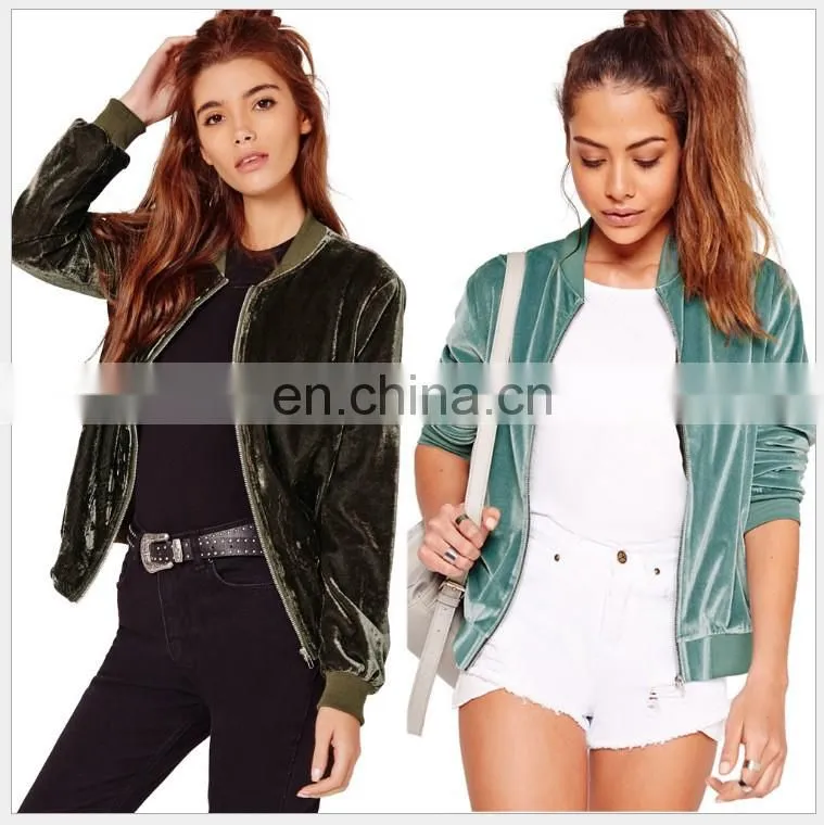 2017 hotsale women's latest fashion zipper collar silk velvet bomber jacket