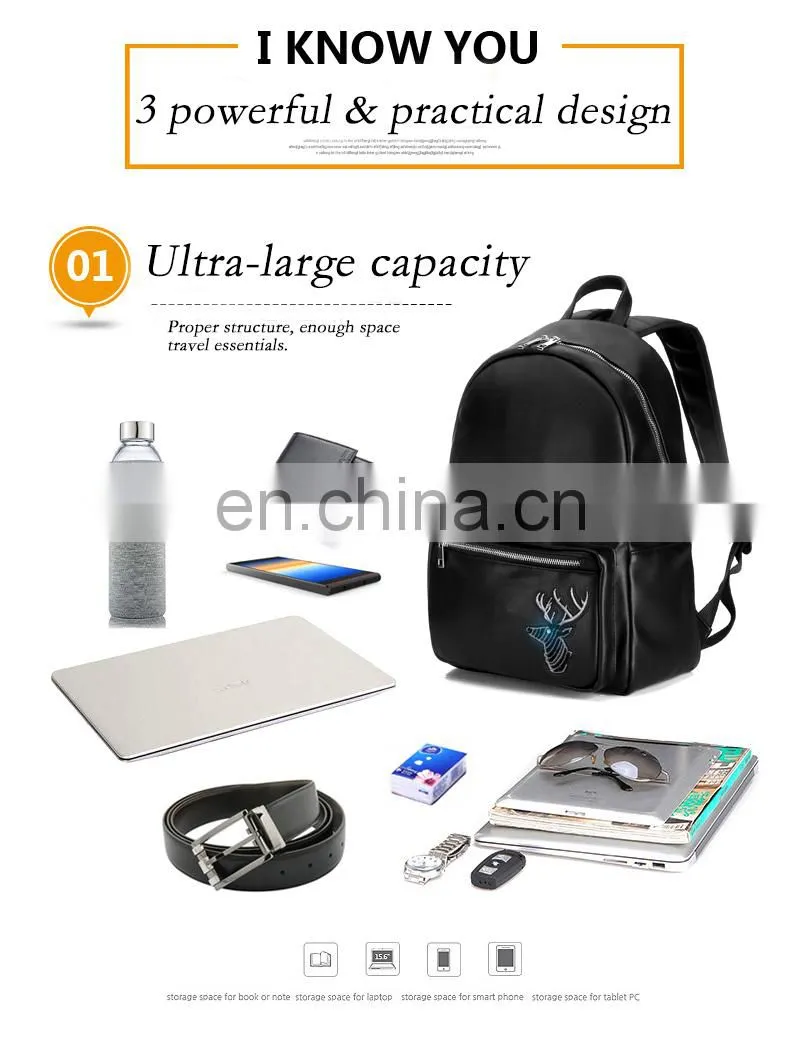 LED flashlight PU leather soft backpack school bags for teenagers