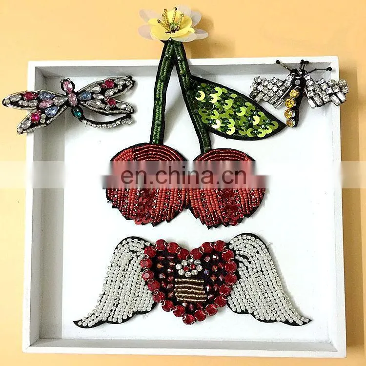 Handmade Heart Strawberry Cherry Beaded Rhinestone Patches For Clothing