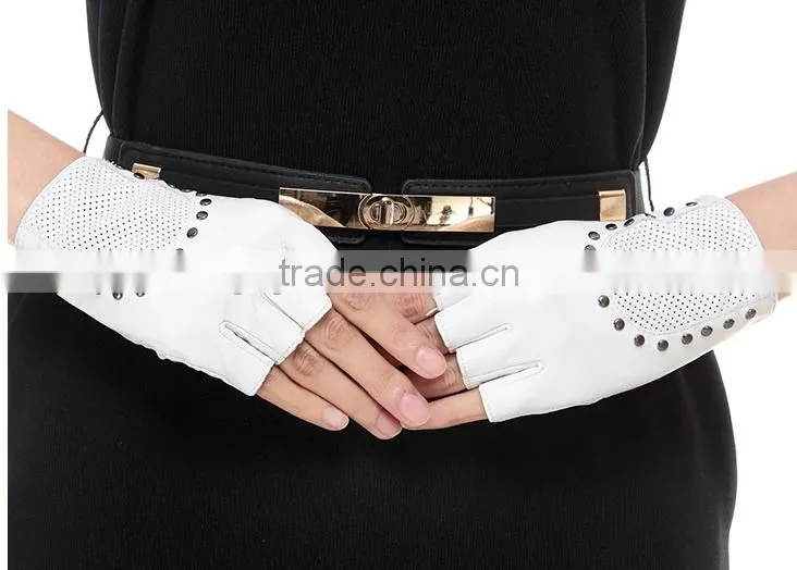 Ladies write fingerless leather gloves with studs