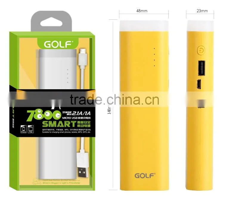 GOLF GF-D3 Lighthouse series 7800mah smart power bank 2.1A/1A 2 Port USB LED emergency light rounded power bank