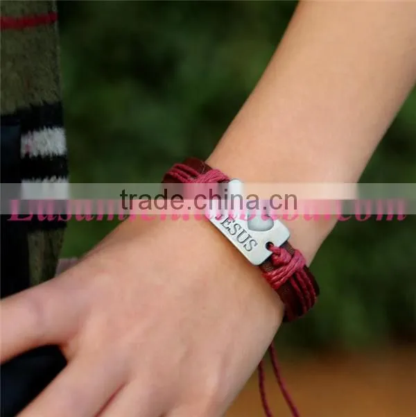 Leather cuff bracelet with engraved metal plate I love jesus bracelet