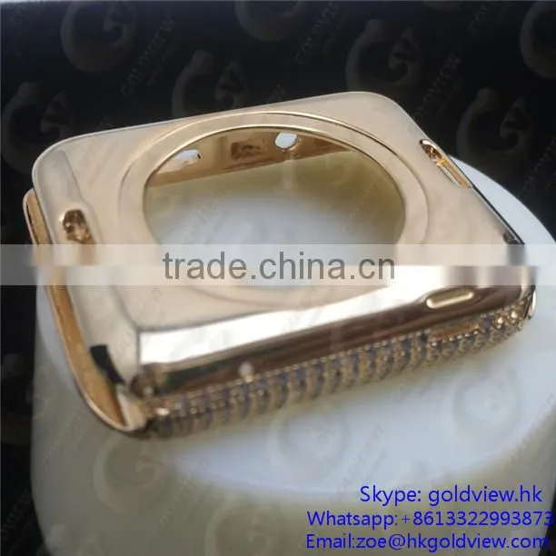 Newest hot selling, crystal steel metal case housing for apple watch 24k gold plated