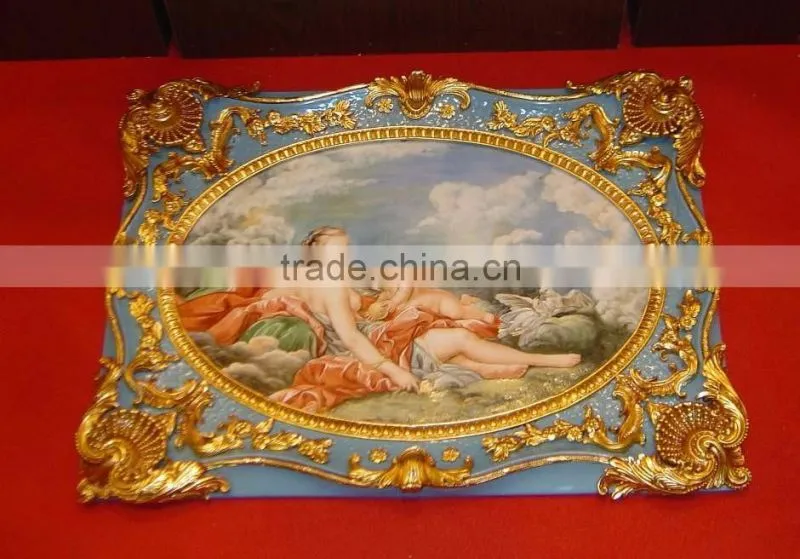 European Gilt Bronze Framed Hand Painted Ceramic Wall Mural, Luxury Home Decoration Wall Mural