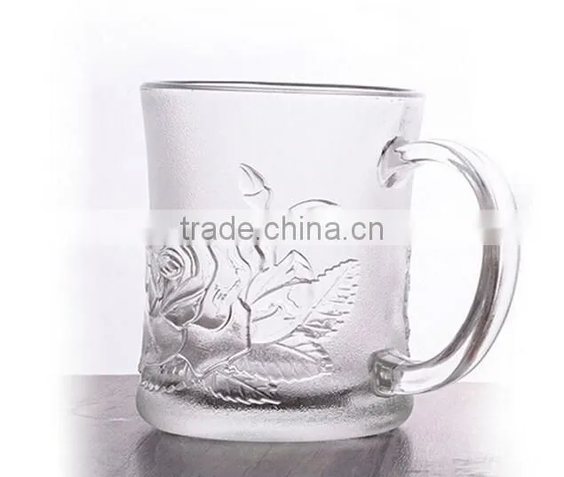 Haonai top quality frosted with embossed glass mug with handle,pass FDA,CA65