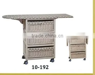 wooden ironing board table in cabinet with wheels and willow baskets