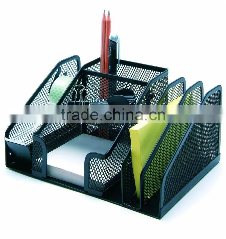 5 divided compartment silver metal mesh multifunction desk organizer