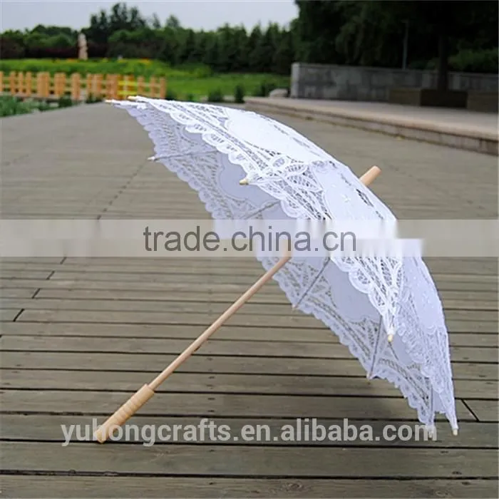 White Battenburg Lace Parasol & Bridal Lace Fan Set For Wedding