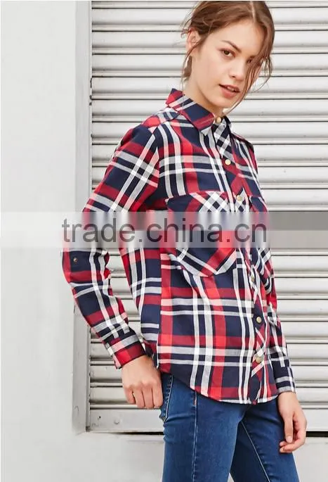 flannel button front shirt wholesale long sleeve plaid shirt for women