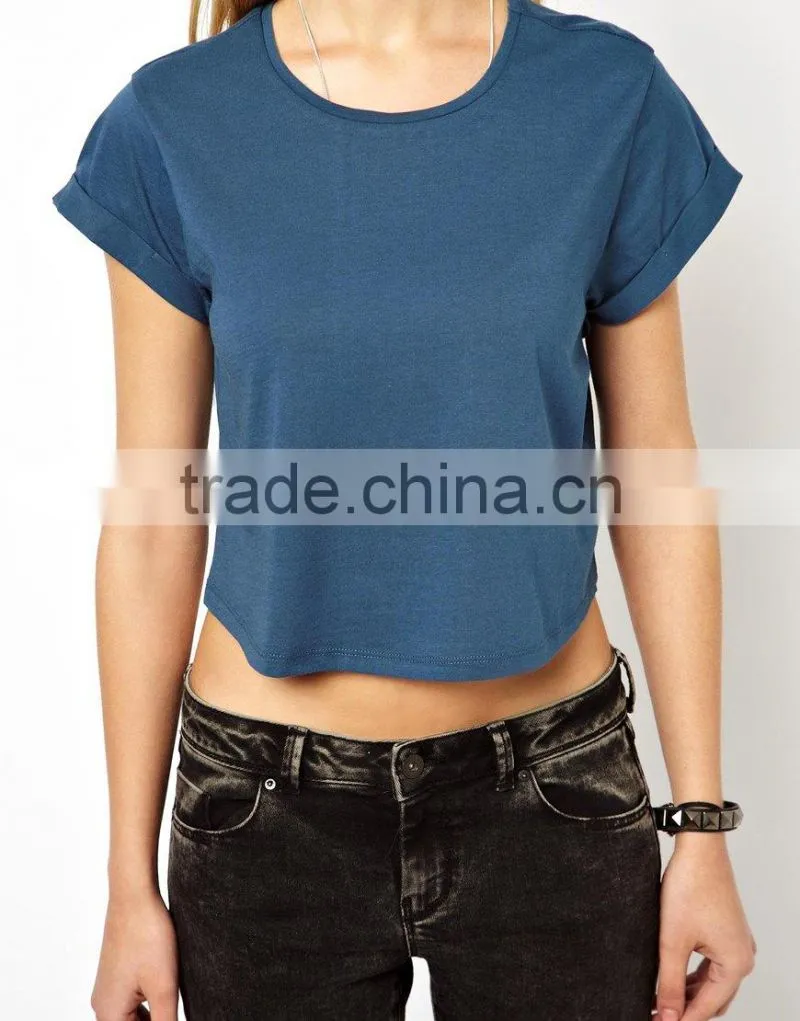 blank crop tops short t shirts with roll sleeve