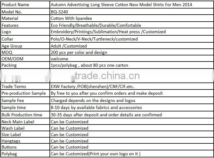 Autumn Advertising Long Sleeve Cotton New Model Shirts For Men 2014