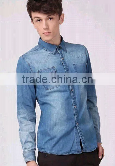 European fashion style Light blue 100%Natural Cotton soft Denim/Retro Cowboy Shirt for men with S,M,L,XL,XXL peaked collar