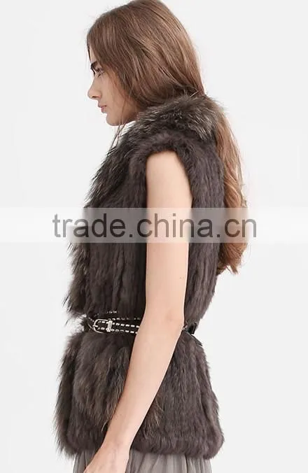 YR644 Women Genuine Rabbit Hand knit with Raccoon Fur Waistcoat Yanran Fur Factory OEM Order Fur Gilet