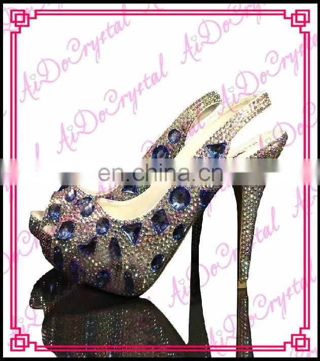 Aidocrystal handmade shining blue crystal diamond peep toe Euro-size slingback shoes