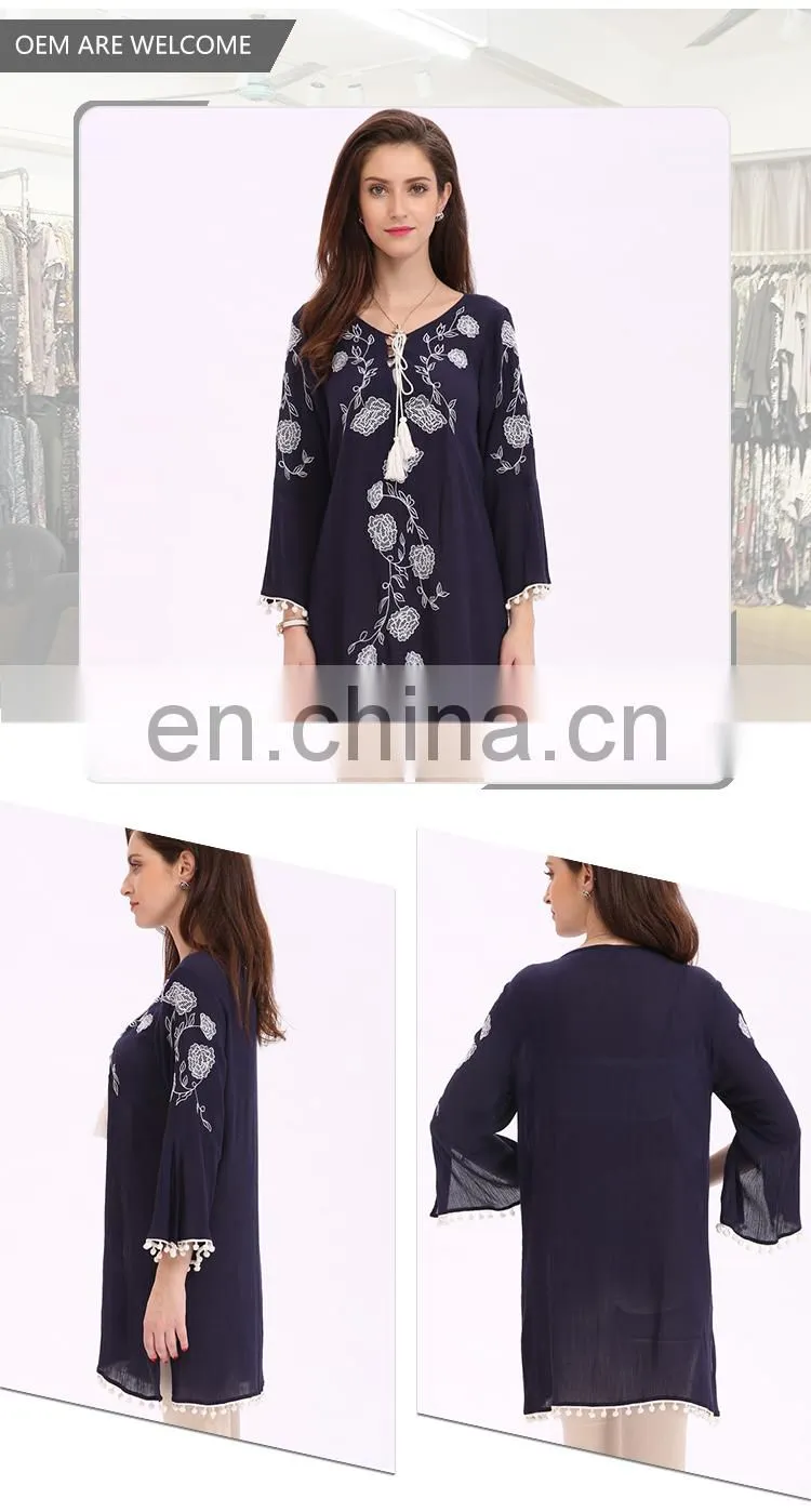 Long Flare Sleeve Contrast Embroidery Ladies Tunic Blouse With Ponpon