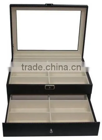 Black Leather large Jewelry Box sunglass organizer,black leather watch box organizer,hard shell faux leather drawer organizer