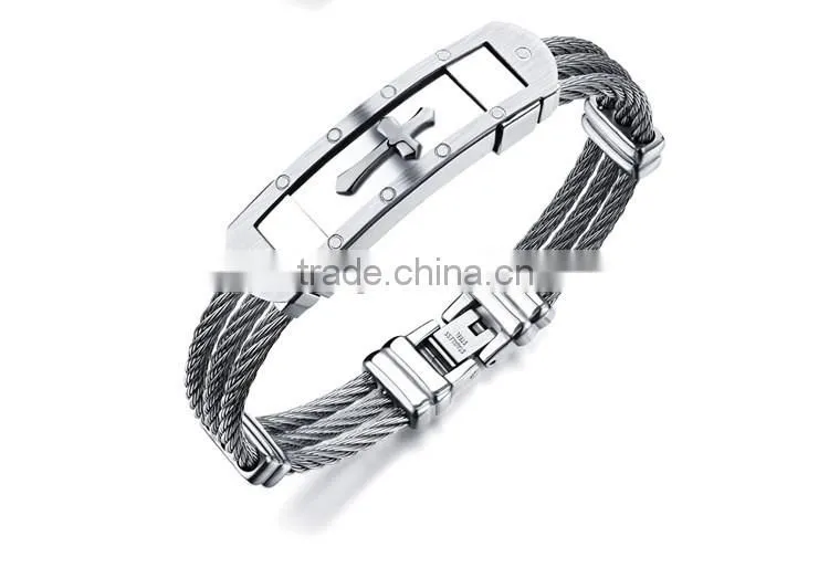 Wholesale Titanium steel man Bangles Three rows between steel wire armoured gold bracelet with cross