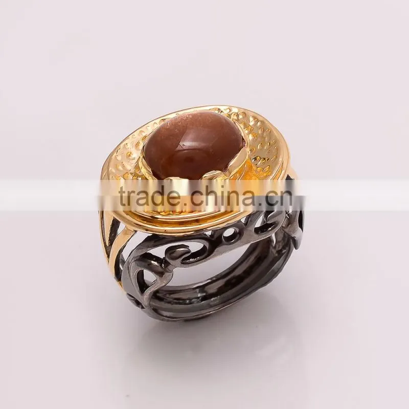 925 SOLID STERLING FINE SILVER SUN STAR RING BLACK & GOLD RHODIUM