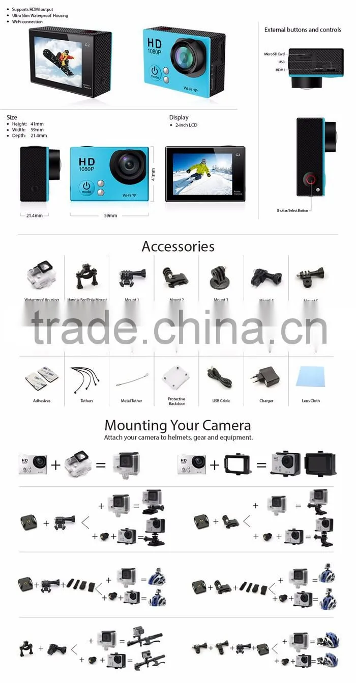 G2 2016 hot selling waterproof action cameras with wifi Professional Sports Camera