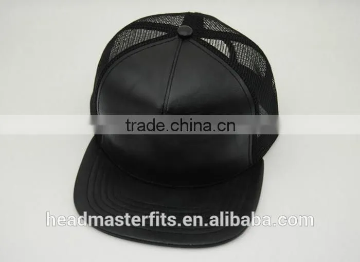 high quality black trucker cap/pu blank plain mesh cap