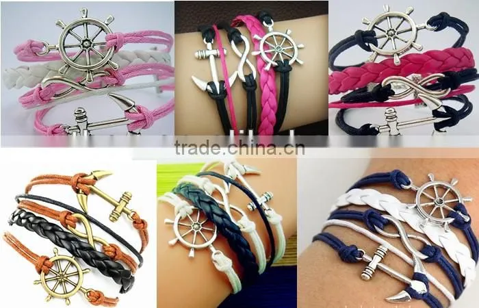 CB8172 pink wax rope anchor sliver leather bracelet wedding decoration