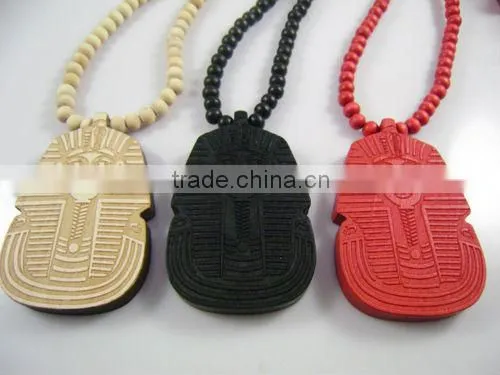 Large Wooden King Tut Pharaoh Pendant Wood Jewelry Necklace