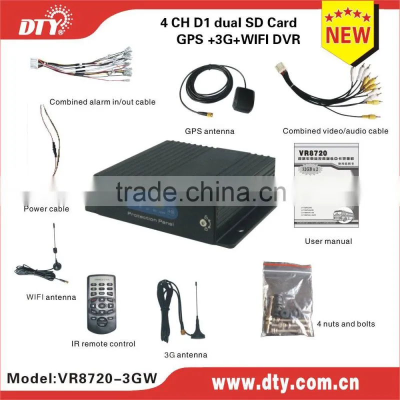 DTY 4ch h.264 sd card DVR support 3g,wifi and gps mobile for vehicles ,VR8720-3GW