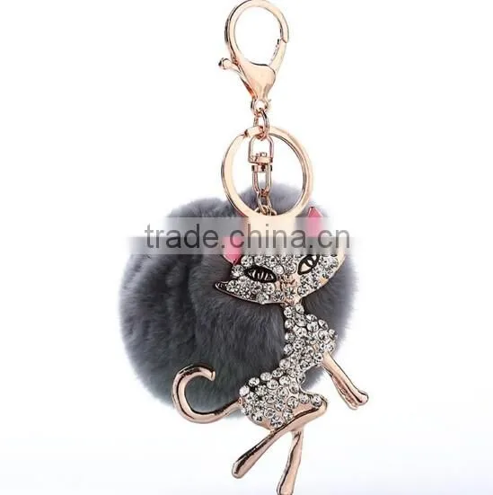 Rhinestone charm car keychain with gray rabbit plush ball