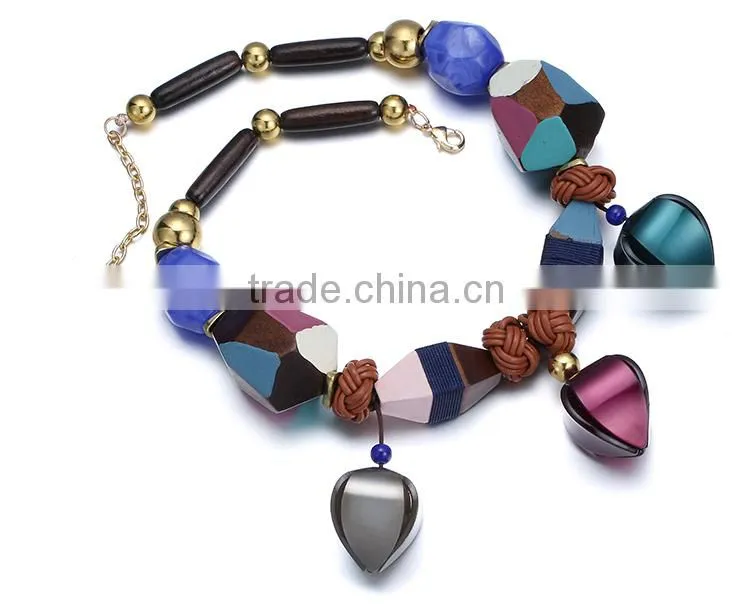 Women Necklace Wood Round Circle Pendant Pattern Sweater Chain Long Necklace