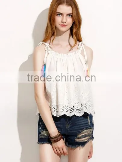 Tank-Tops&Camis latest fashion design women clothing Beige Tassel Tie Shoulder Scallop Hem Cami Top